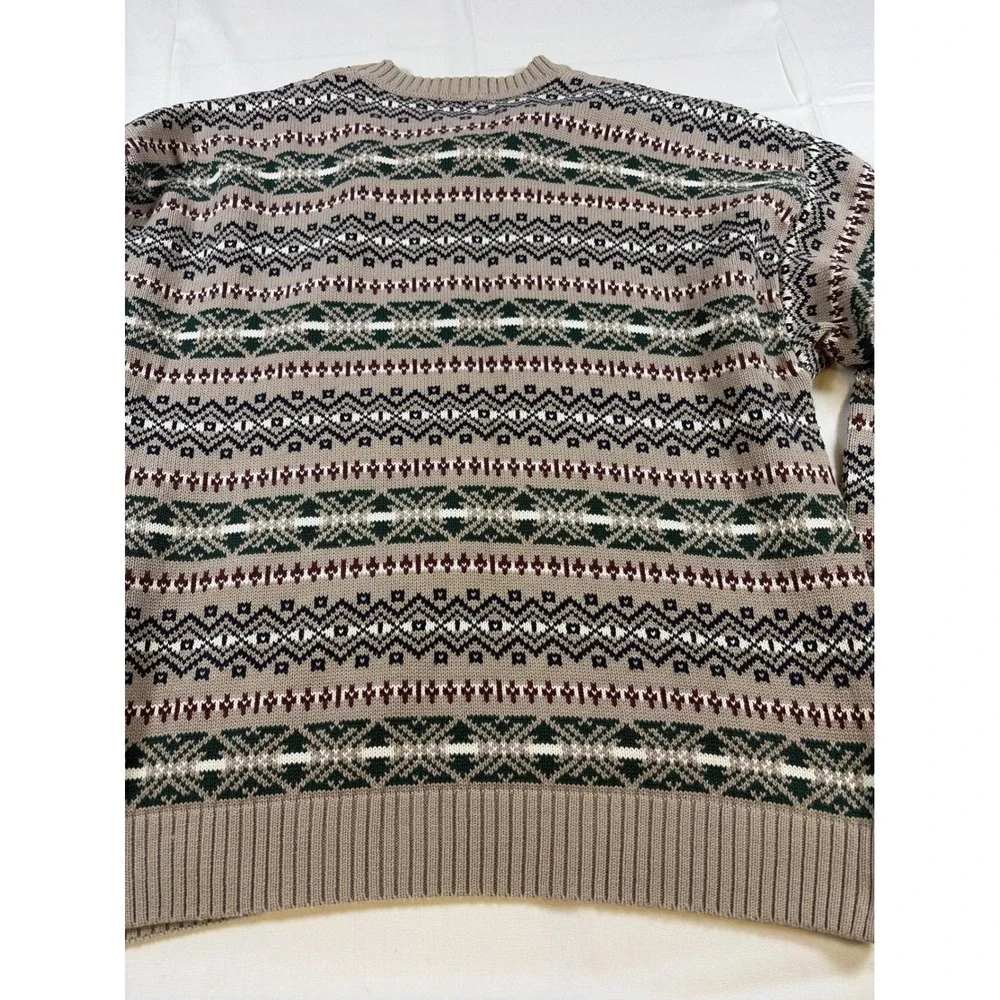 VNTG 90's Dockers Men Large Cotton Fair Isle Crewneck Sweater Tan Green Burgundy